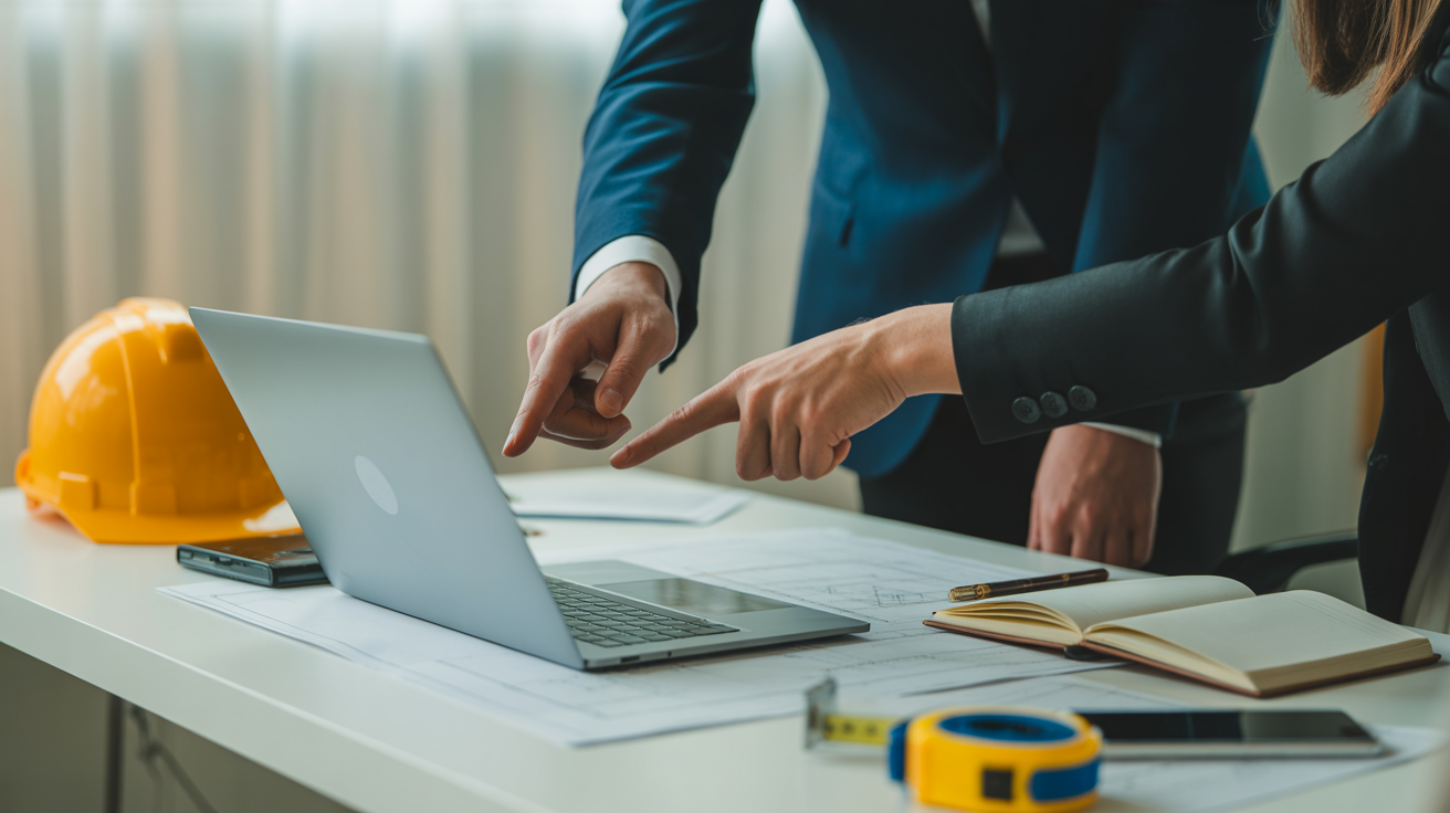 Due professionisti in abiti formali che indicano lo schermo di un laptop su una scrivania con progetti tecnici, casco di sicurezza giallo, taccuino e metro.
