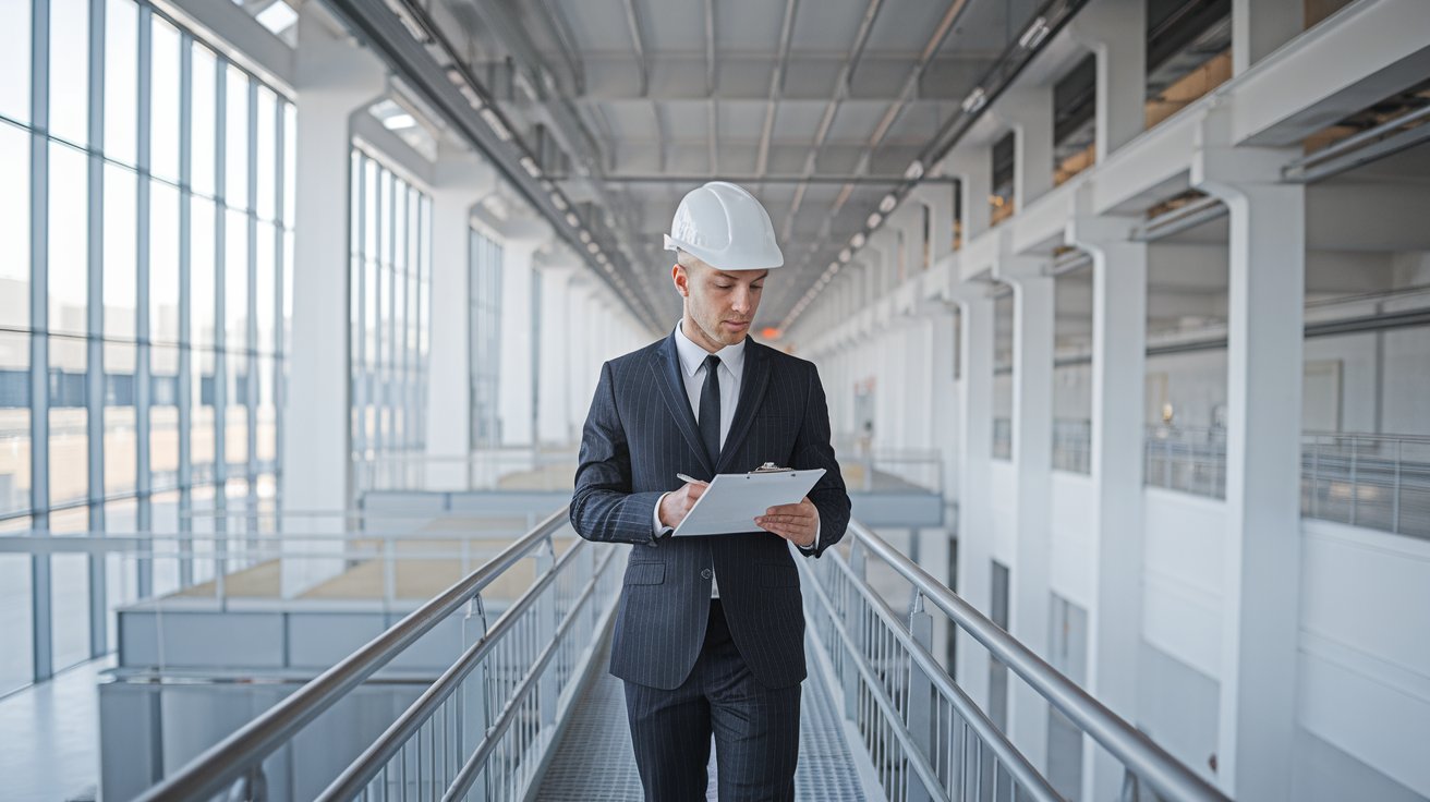 Facility Manager Facility manager con casco bianco controlla un impianto industriale utilizzando un tablet, su una passerella sopraelevata in un edificio moderno.