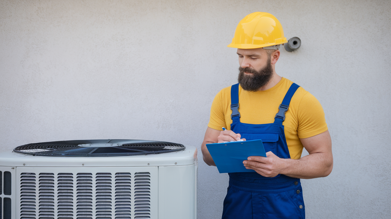 Tecnico HVAC per manutenzione impianti termici e climatizzazione Tecnico HVAC con casco giallo che ispeziona impianto di climatizzazione utilizzando un software per gestione assistenza e manutenzione