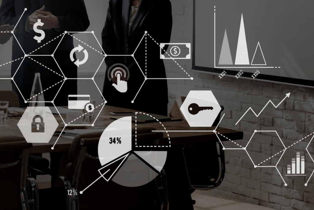 Riunione aziendale con grafici e icone digitali che rappresentano l’asset management e l’analisi dei dati