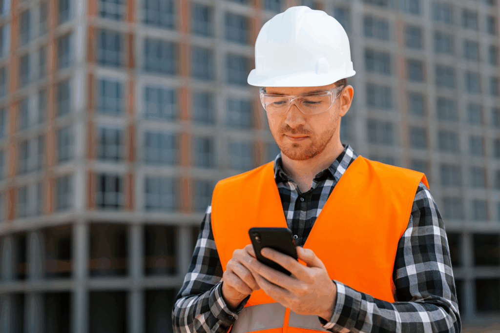 Tecnico con casco e gilet arancione usa smartphone in cantiere per gestire ticket e manutenzione di impianti tecnici/HVAC tramite software.