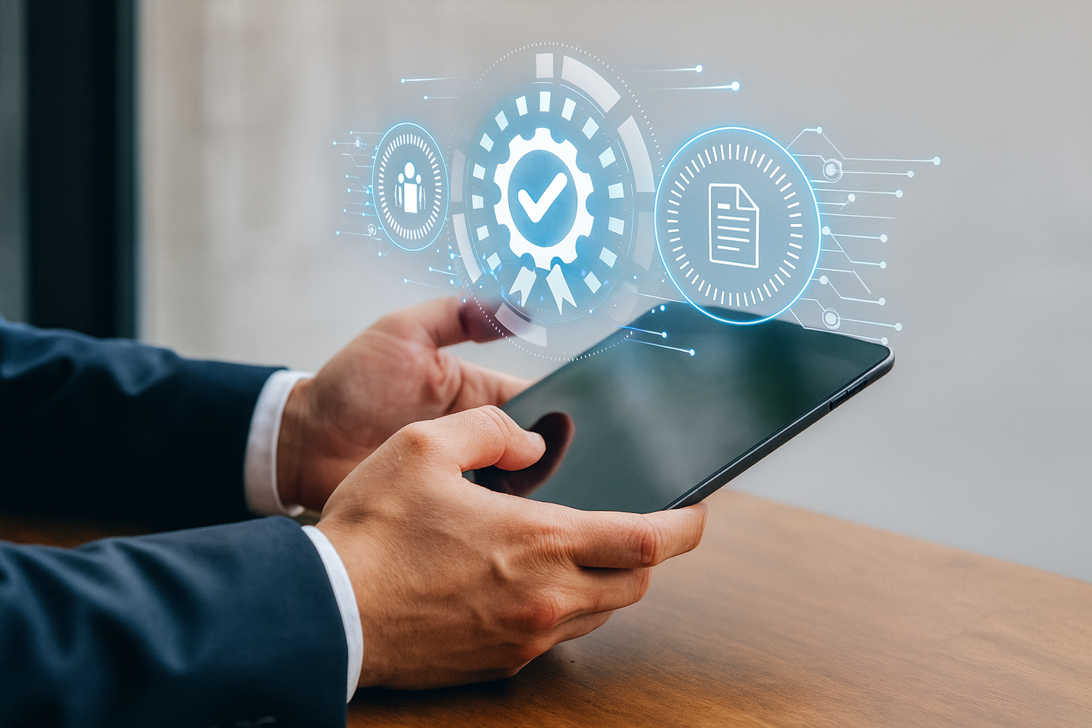 Tecnico HVAC con tablet che usa software di gestione assistenze: ticket, pianificazione interventi e manutenzione impianti di climatizzazione e sistemi tecnici.