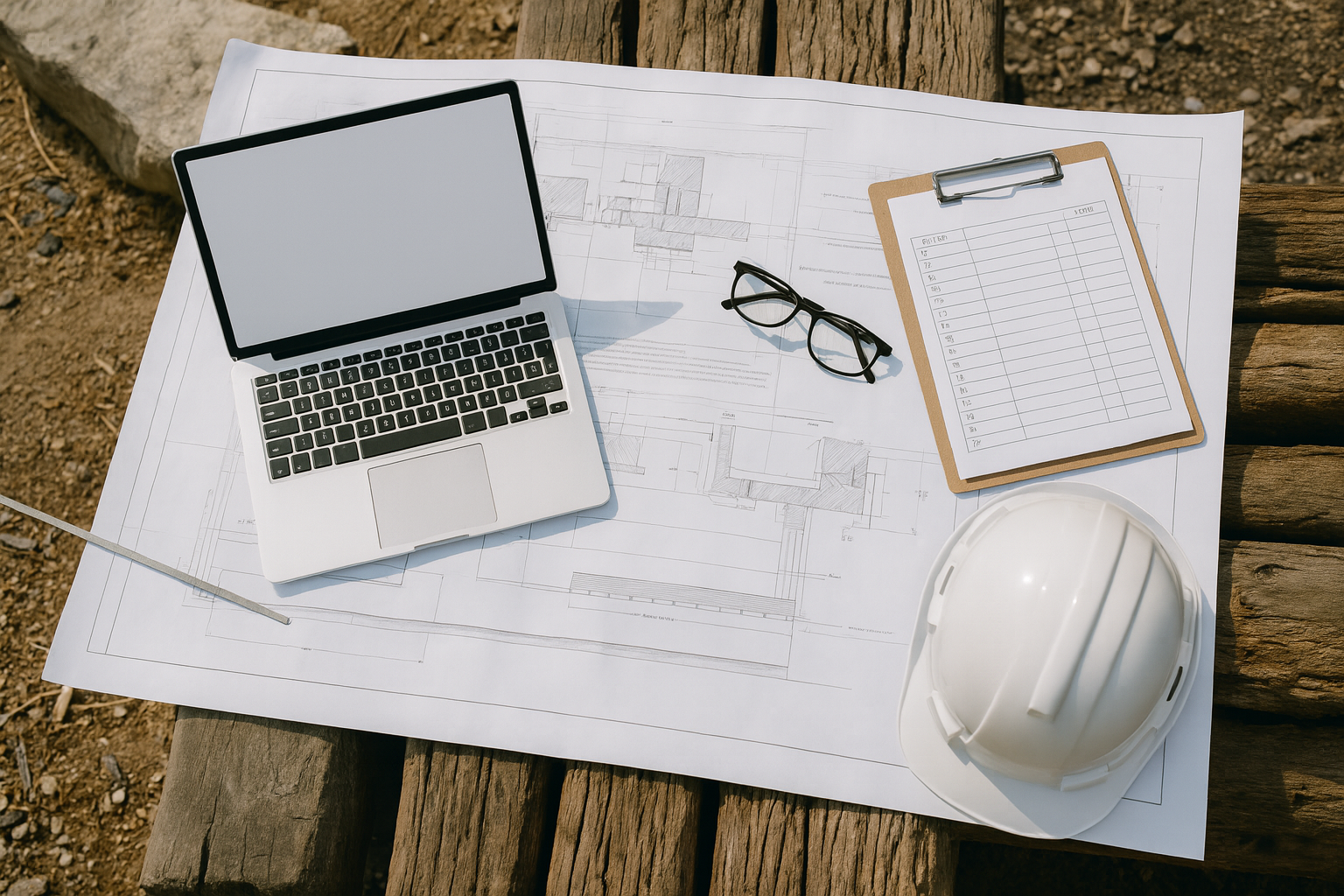 Postazione in cantiere con laptop, planimetrie e casco: HiLINE HD, software gestionale per installatori elettrici e idraulici