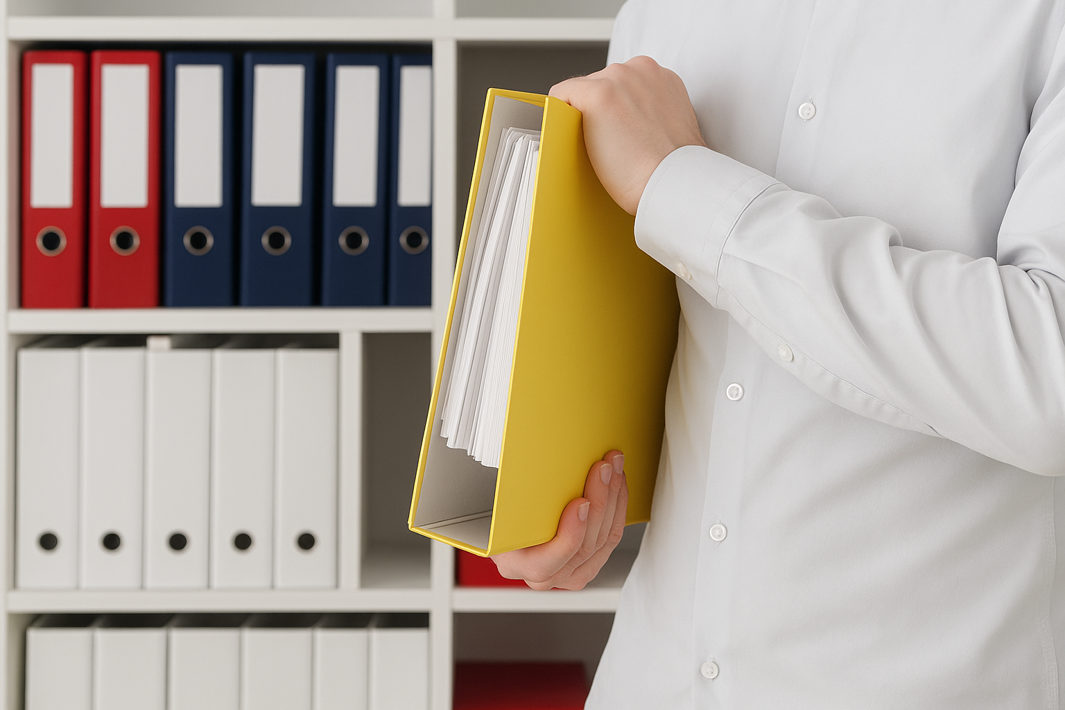Professionista con raccoglitore giallo in ufficio organizzato Software per rapportini di lavoro e gestione interventi in ufficio digitale moderno